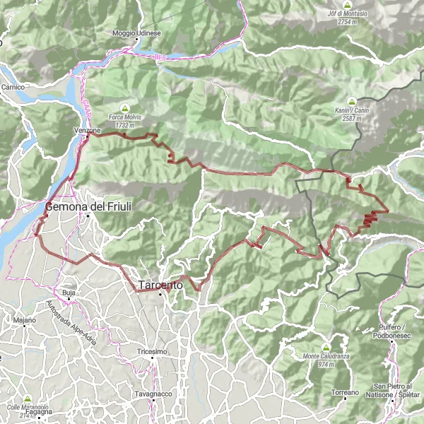 Miniatua del mapa de inspiración ciclista "Aventura off-road a Tagliamento y Monte Jof" en Friuli-Venezia Giulia, Italy. Generado por Tarmacs.app planificador de rutas ciclistas