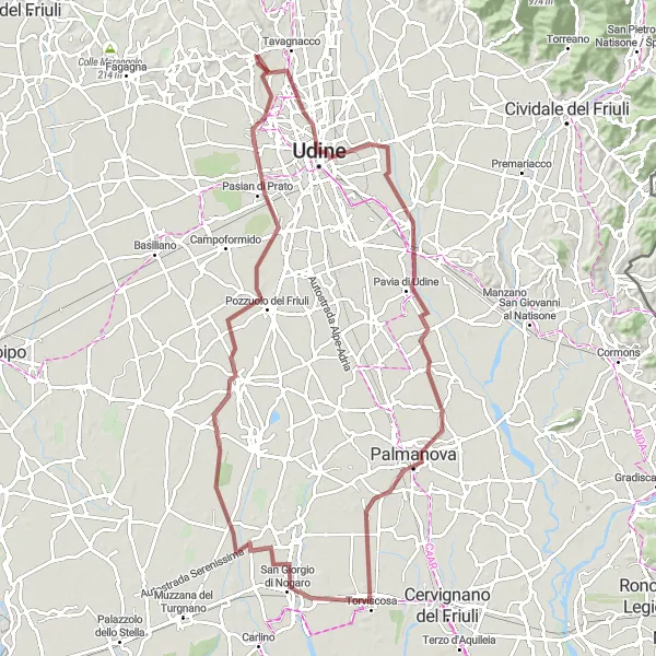 Miniatura della mappa di ispirazione al ciclismo "Scoperta della Campagna Friulana in Gravel" nella regione di Friuli-Venezia Giulia, Italy. Generata da Tarmacs.app, pianificatore di rotte ciclistiche