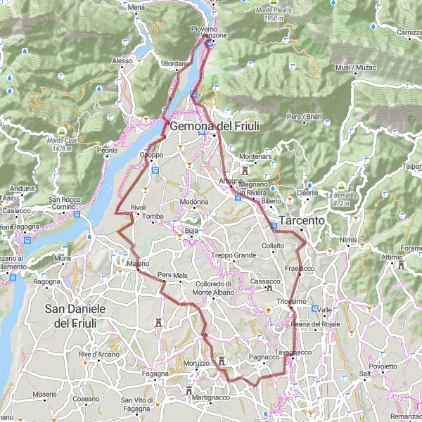 Zemljevid v pomanjšavi "Gravel kolesarska pot Majano - Tavagnacco" kolesarske inspiracije v Friuli-Venezia Giulia, Italy. Generirano z načrtovalcem kolesarskih poti Tarmacs.app