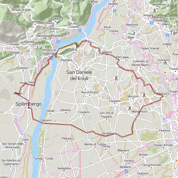 Miniaturní mapa "Gravelová cesta do Pagnacca" inspirace pro cyklisty v oblasti Friuli-Venezia Giulia, Italy. Vytvořeno pomocí plánovače tras Tarmacs.app