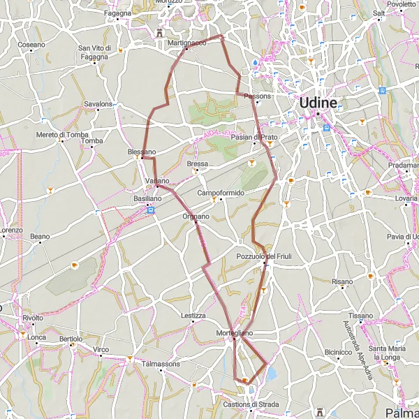 Miniaturní mapa "Gravelová trasa přes Pozzuolo del Friuli" inspirace pro cyklisty v oblasti Friuli-Venezia Giulia, Italy. Vytvořeno pomocí plánovače tras Tarmacs.app