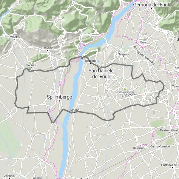 Zemljevid v pomanjšavi "Kolesarska pot skozi gričevnato pokrajino Furlanije-Julijske krajine" kolesarske inspiracije v Friuli-Venezia Giulia, Italy. Generirano z načrtovalcem kolesarskih poti Tarmacs.app