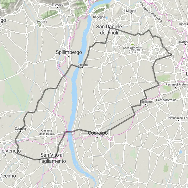 Miniatua del mapa de inspiración ciclista "Ruta a San Daniele del Friuli" en Friuli-Venezia Giulia, Italy. Generado por Tarmacs.app planificador de rutas ciclistas