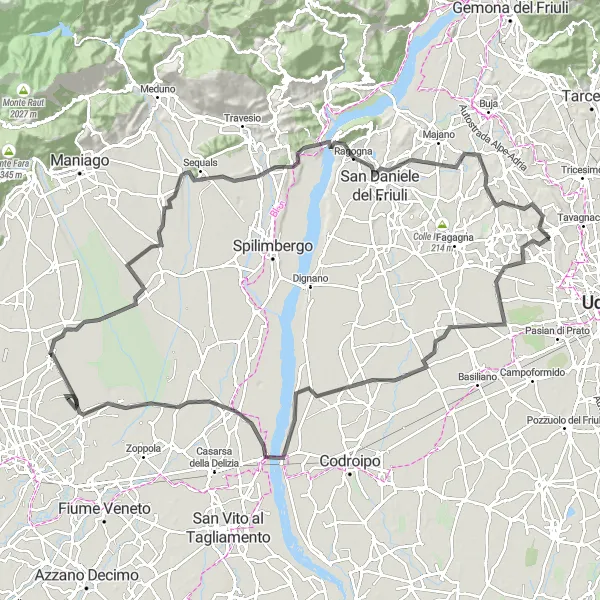 Miniaturní mapa "Cyklotrasa přes Valvasone a Ragogna" inspirace pro cyklisty v oblasti Friuli-Venezia Giulia, Italy. Vytvořeno pomocí plánovače tras Tarmacs.app