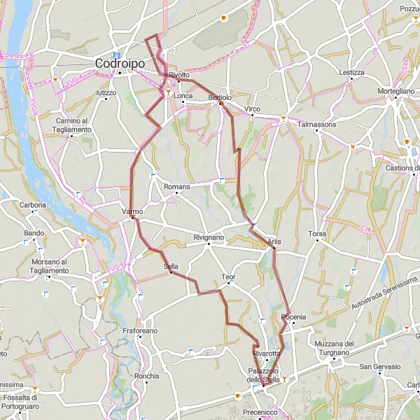 Miniatua del mapa de inspiración ciclista "Ruta de ciclismo de grava desde Palazzolo dello Stella" en Friuli-Venezia Giulia, Italy. Generado por Tarmacs.app planificador de rutas ciclistas