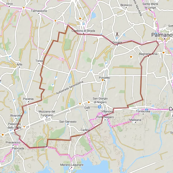 Karten-Miniaturansicht der Radinspiration "Abenteuerliche Fahrt nach Castions di Strada und Carlino" in Friuli-Venezia Giulia, Italy. Erstellt vom Tarmacs.app-Routenplaner für Radtouren