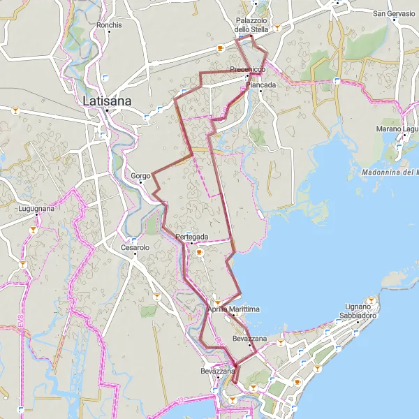 Mapa miniatúra "Gravelový okruh cez Titiano a Precenicco" cyklistická inšpirácia v Friuli-Venezia Giulia, Italy. Vygenerované cyklistickým plánovačom trás Tarmacs.app