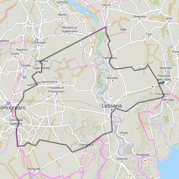 Miniatura della mappa di ispirazione al ciclismo "Giro dei Borghi del Tagliamento" nella regione di Friuli-Venezia Giulia, Italy. Generata da Tarmacs.app, pianificatore di rotte ciclistiche