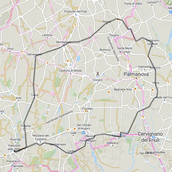 Mapa miniatúra "Jazda cez Torviscosa a Carlino" cyklistická inšpirácia v Friuli-Venezia Giulia, Italy. Vygenerované cyklistickým plánovačom trás Tarmacs.app