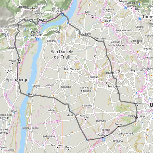 Miniatua del mapa de inspiración ciclista "Ruta de 85 km en carretera cerca de Pasian di Prato" en Friuli-Venezia Giulia, Italy. Generado por Tarmacs.app planificador de rutas ciclistas