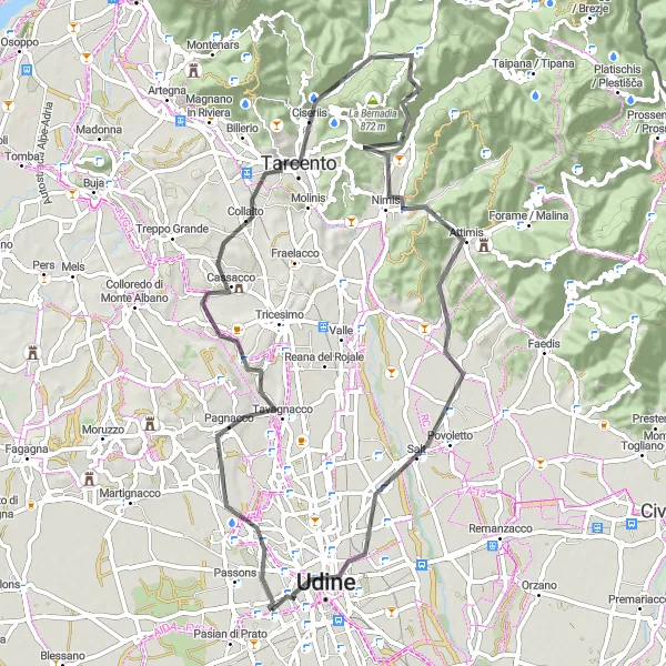 Miniatua del mapa de inspiración ciclista "Recorrido de 67 km por carretera desde Pasian di Prato" en Friuli-Venezia Giulia, Italy. Generado por Tarmacs.app planificador de rutas ciclistas