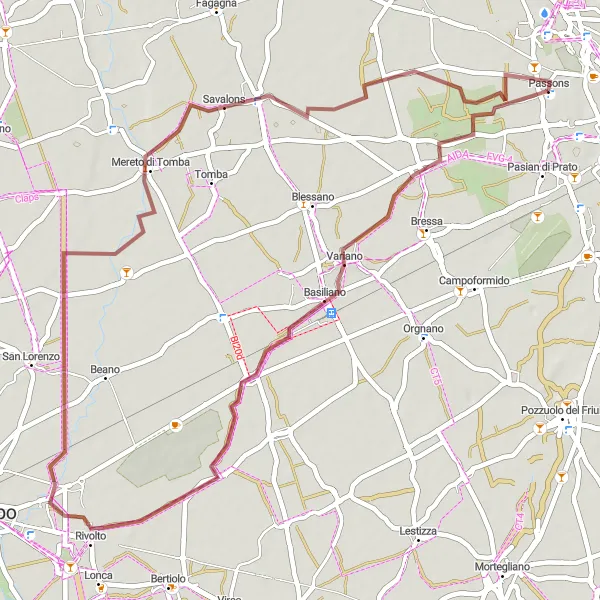 Kartminiatyr av "Grusväg Cykelrunda: Villacaccia till Nogaredo di Prato" cykelinspiration i Friuli-Venezia Giulia, Italy. Genererad av Tarmacs.app cykelruttplanerare