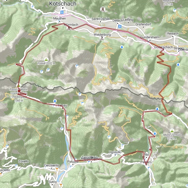 Mapa miniatúra "Gravelový okruh cez hory a doliny od Paularo" cyklistická inšpirácia v Friuli-Venezia Giulia, Italy. Vygenerované cyklistickým plánovačom trás Tarmacs.app