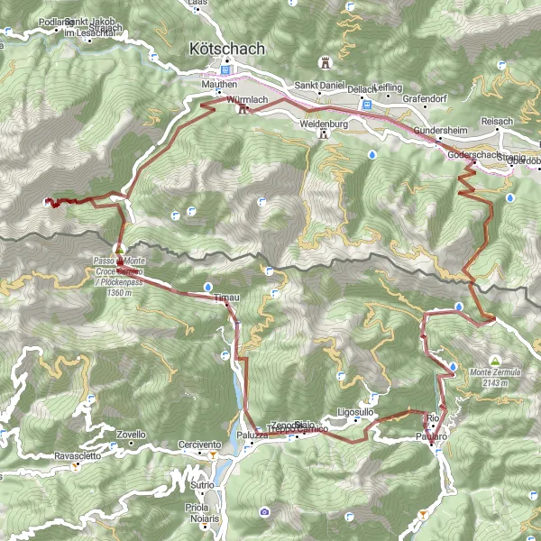 Miniature de la carte de l'inspiration cycliste "Les sommets et vallées de Friuli-Venezia Giulia" dans la Friuli-Venezia Giulia, Italy. Générée par le planificateur d'itinéraire cycliste Tarmacs.app