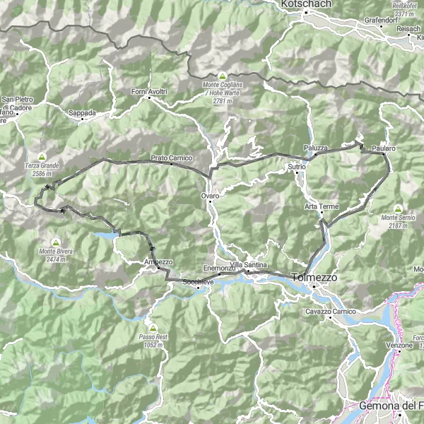 Mapa miniatúra "Cesta po horských serpentínach" cyklistická inšpirácia v Friuli-Venezia Giulia, Italy. Vygenerované cyklistickým plánovačom trás Tarmacs.app