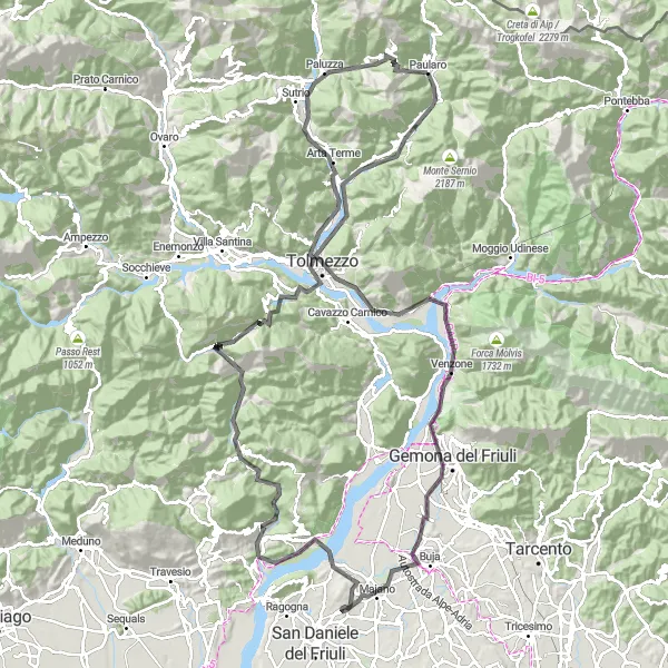 Map miniature of "Paularo Pale dal Pup Loop" cycling inspiration in Friuli-Venezia Giulia, Italy. Generated by Tarmacs.app cycling route planner