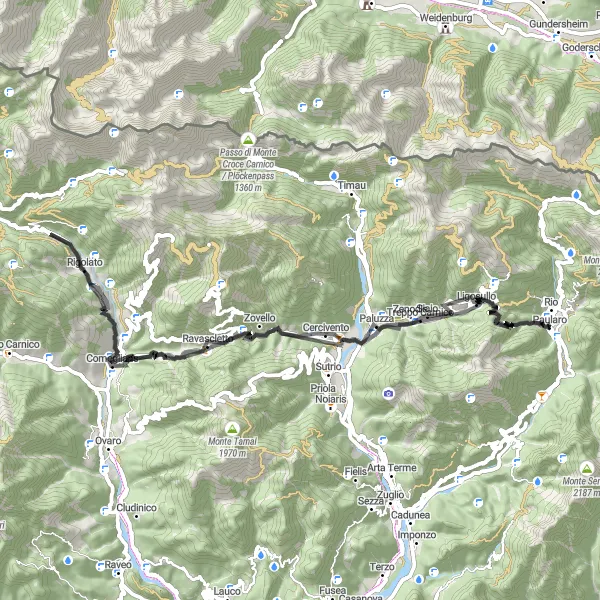 Karttaminiaatyyri "Paularo - Forcella di Lius - Cercivento - Rigolato - Comeglians - Sella Valcalda - Paularo" pyöräilyinspiraatiosta alueella Friuli-Venezia Giulia, Italy. Luotu Tarmacs.app pyöräilyreittisuunnittelijalla