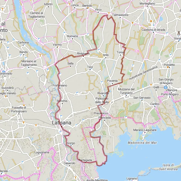 Miniatura della mappa di ispirazione al ciclismo "Alla scoperta di Latisana e dintorni in bicicletta" nella regione di Friuli-Venezia Giulia, Italy. Generata da Tarmacs.app, pianificatore di rotte ciclistiche