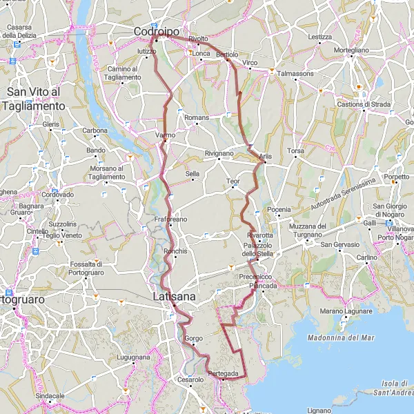 Miniatua del mapa de inspiración ciclista "Ruta de grava a Latisana" en Friuli-Venezia Giulia, Italy. Generado por Tarmacs.app planificador de rutas ciclistas
