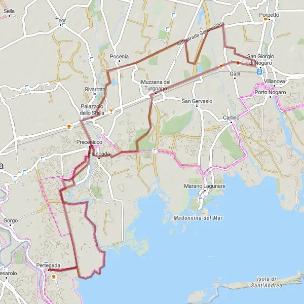 Mapa miniatúra "Gravelová cyklotúra cez Muzzana del Turgnano a San Giorgio di Nogaro" cyklistická inšpirácia v Friuli-Venezia Giulia, Italy. Vygenerované cyklistickým plánovačom trás Tarmacs.app