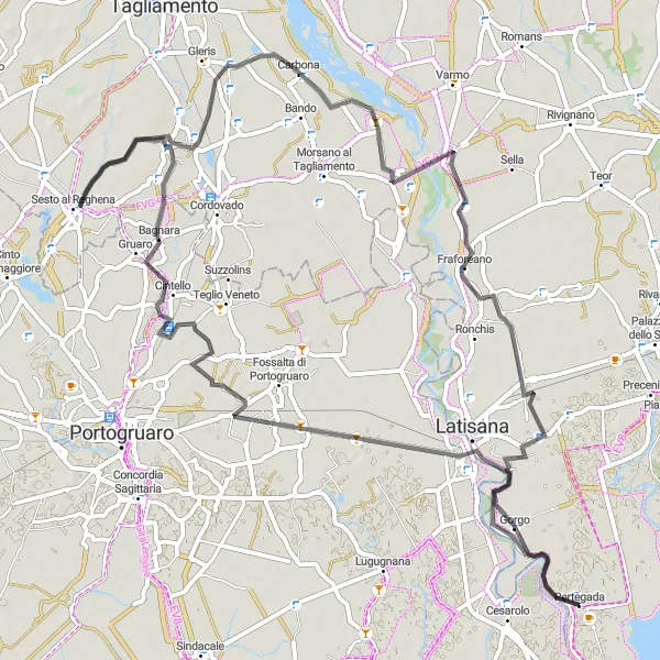 Miniatua del mapa de inspiración ciclista "Ruta en carretera a San Michele al Tagliamento" en Friuli-Venezia Giulia, Italy. Generado por Tarmacs.app planificador de rutas ciclistas