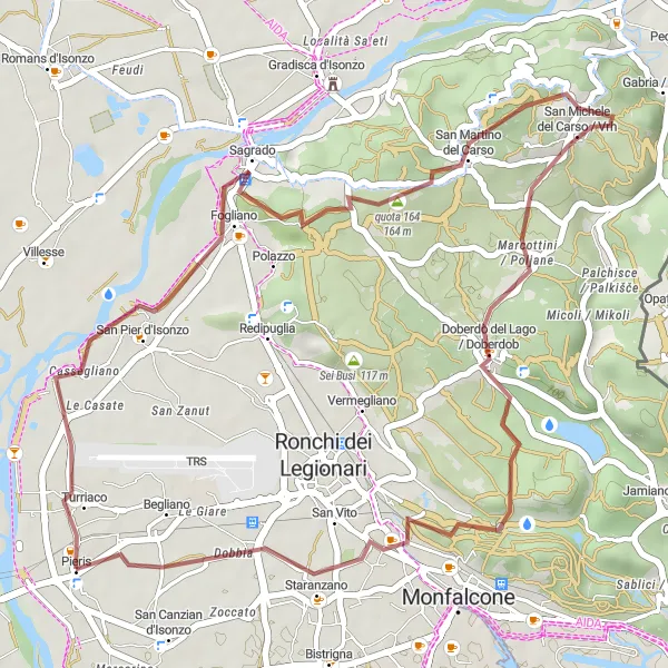 Mapa miniatúra "Gravel okruh na 38 km" cyklistická inšpirácia v Friuli-Venezia Giulia, Italy. Vygenerované cyklistickým plánovačom trás Tarmacs.app