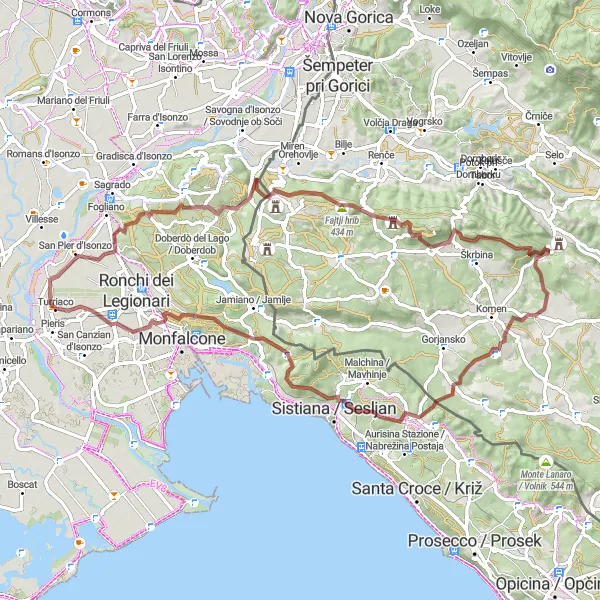 Miniaturekort af cykelinspirationen "Grusvej Eventyr til Visogliano" i Friuli-Venezia Giulia, Italy. Genereret af Tarmacs.app cykelruteplanlægger
