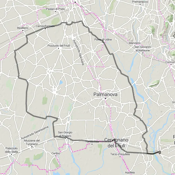 Mapa miniatúra "Road trip do Cortona Alta skrz Basaldella" cyklistická inšpirácia v Friuli-Venezia Giulia, Italy. Vygenerované cyklistickým plánovačom trás Tarmacs.app
