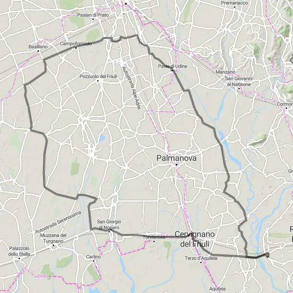 Miniatura della mappa di ispirazione al ciclismo "Tour Panoramico tra Cervignano del Friuli e Cortona Alta" nella regione di Friuli-Venezia Giulia, Italy. Generata da Tarmacs.app, pianificatore di rotte ciclistiche