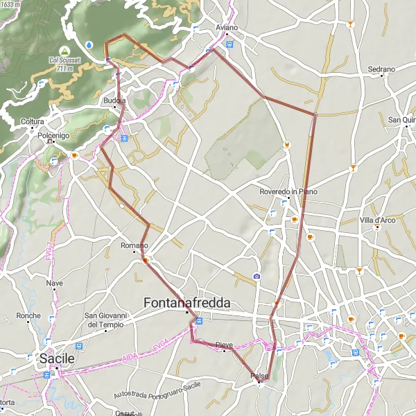 Miniaturní mapa "Zajímavá gravelová cesta přes kopce" inspirace pro cyklisty v oblasti Friuli-Venezia Giulia, Italy. Vytvořeno pomocí plánovače tras Tarmacs.app