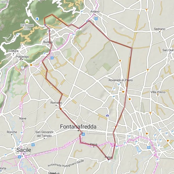 Zemljevid v pomanjšavi "Pustolovščina med Fontanafreddo in Porcio" kolesarske inspiracije v Friuli-Venezia Giulia, Italy. Generirano z načrtovalcem kolesarskih poti Tarmacs.app