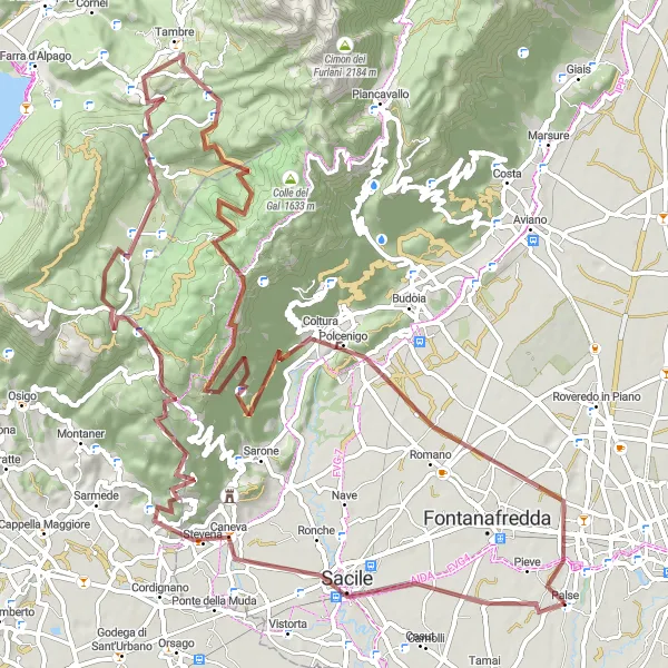 Karten-Miniaturansicht der Radinspiration "Gravel-Abenteuer von Polcenigo nach Sacile" in Friuli-Venezia Giulia, Italy. Erstellt vom Tarmacs.app-Routenplaner für Radtouren