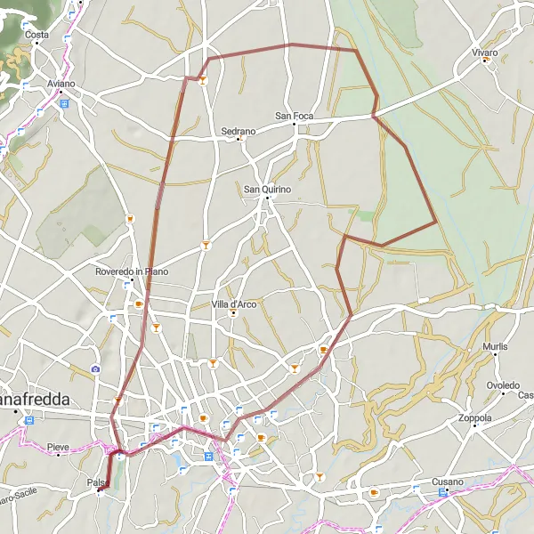 Map miniature of "Roveredo in Piano Gravel Loop" cycling inspiration in Friuli-Venezia Giulia, Italy. Generated by Tarmacs.app cycling route planner