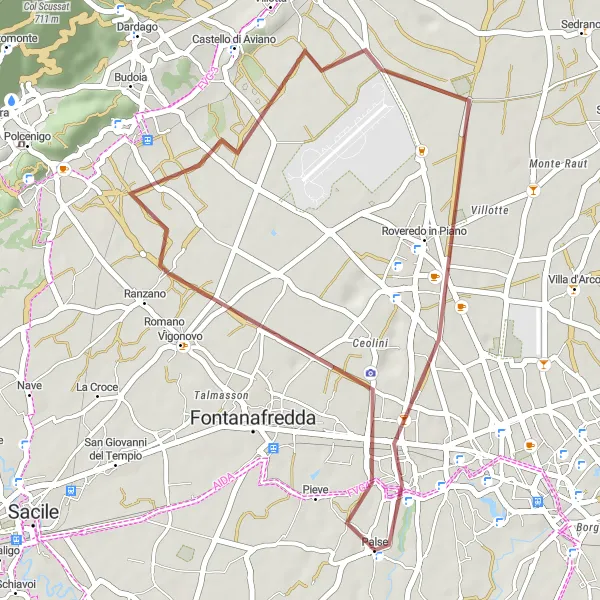 Miniatua del mapa de inspiración ciclista "Ruta de ciclismo de grava alrededor de Porcia" en Friuli-Venezia Giulia, Italy. Generado por Tarmacs.app planificador de rutas ciclistas