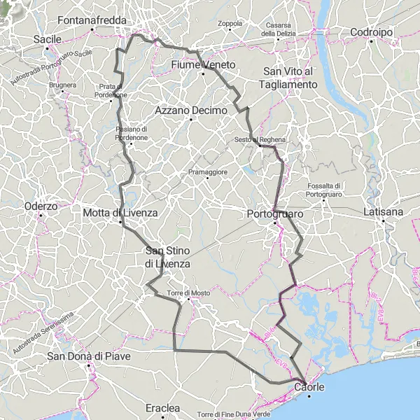 Zemljevid v pomanjšavi "Kolesarska pot skozi Portogruaro in Motta di Livenza" kolesarske inspiracije v Friuli-Venezia Giulia, Italy. Generirano z načrtovalcem kolesarskih poti Tarmacs.app