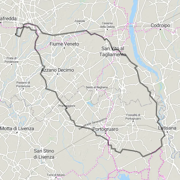 Miniature de la carte de l'inspiration cycliste "La route panoramique de Pordenone" dans la Friuli-Venezia Giulia, Italy. Générée par le planificateur d'itinéraire cycliste Tarmacs.app