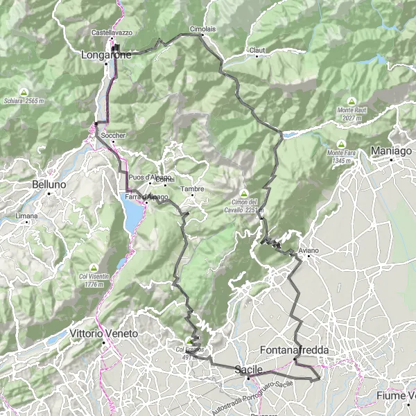Zemljevid v pomanjšavi "Kolesarska pot skozi Piancavallo in Villotto" kolesarske inspiracije v Friuli-Venezia Giulia, Italy. Generirano z načrtovalcem kolesarskih poti Tarmacs.app