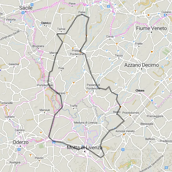 Kartminiatyr av "Kust- och landsbygdsupplevelsen i Italien" cykelinspiration i Friuli-Venezia Giulia, Italy. Genererad av Tarmacs.app cykelruttplanerare