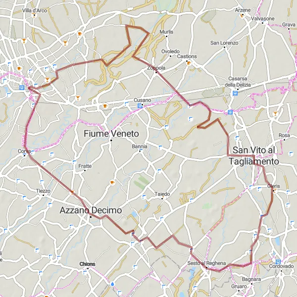 Zemljevid v pomanjšavi "Raziskovanje zavetnih poti okoli Pordenoneja" kolesarske inspiracije v Friuli-Venezia Giulia, Italy. Generirano z načrtovalcem kolesarskih poti Tarmacs.app