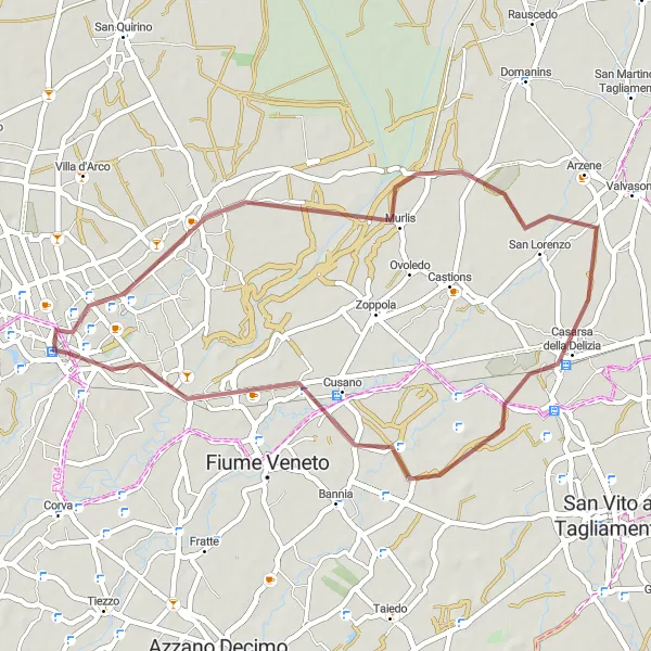 Zemljevid v pomanjšavi "Gravel Cycling Adventure near Pordenone" kolesarske inspiracije v Friuli-Venezia Giulia, Italy. Generirano z načrtovalcem kolesarskih poti Tarmacs.app