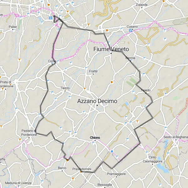 Miniatua del mapa de inspiración ciclista "Ruta de ciclismo en carretera cerca de Pordenone" en Friuli-Venezia Giulia, Italy. Generado por Tarmacs.app planificador de rutas ciclistas