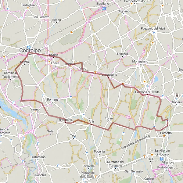 Karttaminiaatyyri "Rivignano-Codroipo Cycle Route" pyöräilyinspiraatiosta alueella Friuli-Venezia Giulia, Italy. Luotu Tarmacs.app pyöräilyreittisuunnittelijalla