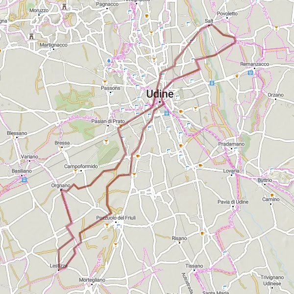 Miniatua del mapa de inspiración ciclista "Aventura en las colinas de Udine y Pasian di Prato" en Friuli-Venezia Giulia, Italy. Generado por Tarmacs.app planificador de rutas ciclistas