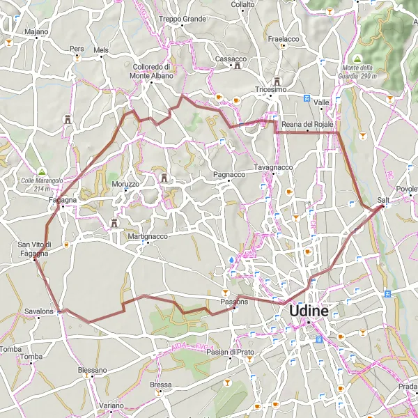 Zemljevid v pomanjšavi "Gravel ciklična pot okoli Povoletta" kolesarske inspiracije v Friuli-Venezia Giulia, Italy. Generirano z načrtovalcem kolesarskih poti Tarmacs.app