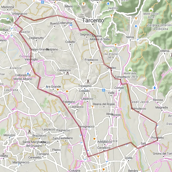 Mapa miniatúra "Gravelová cyklotrasa Tavagnacco" cyklistická inšpirácia v Friuli-Venezia Giulia, Italy. Vygenerované cyklistickým plánovačom trás Tarmacs.app