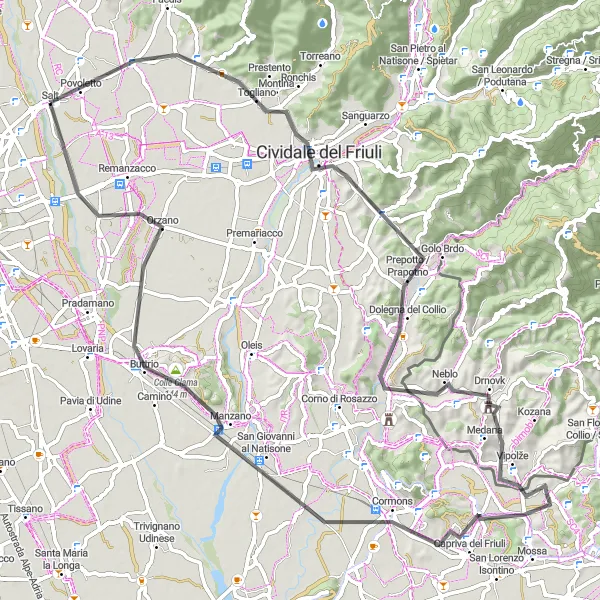 Mapa miniatúra "Povoletto - Orzano" cyklistická inšpirácia v Friuli-Venezia Giulia, Italy. Vygenerované cyklistickým plánovačom trás Tarmacs.app