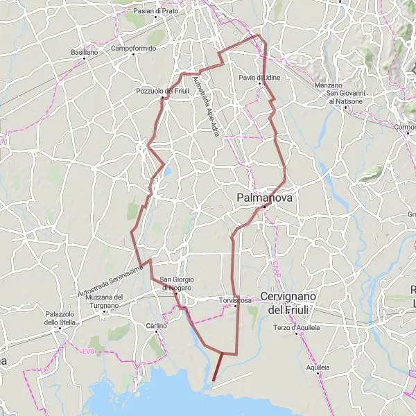 Miniatura della mappa di ispirazione al ciclismo "Giro in bicicletta da Pavia di Udine a Pozzuolo del Friuli" nella regione di Friuli-Venezia Giulia, Italy. Generata da Tarmacs.app, pianificatore di rotte ciclistiche