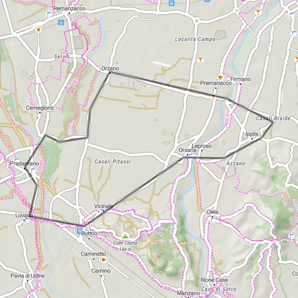 Miniatua del mapa de inspiración ciclista "Ruta en Carretera a Pradamano" en Friuli-Venezia Giulia, Italy. Generado por Tarmacs.app planificador de rutas ciclistas