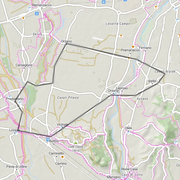 Miniatura della mappa di ispirazione al ciclismo "Giro in bicicletta da Pradamano a Lovaria" nella regione di Friuli-Venezia Giulia, Italy. Generata da Tarmacs.app, pianificatore di rotte ciclistiche