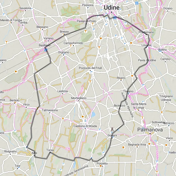 Miniatua del mapa de inspiración ciclista "Ruta escénica a Pavia di Udine" en Friuli-Venezia Giulia, Italy. Generado por Tarmacs.app planificador de rutas ciclistas
